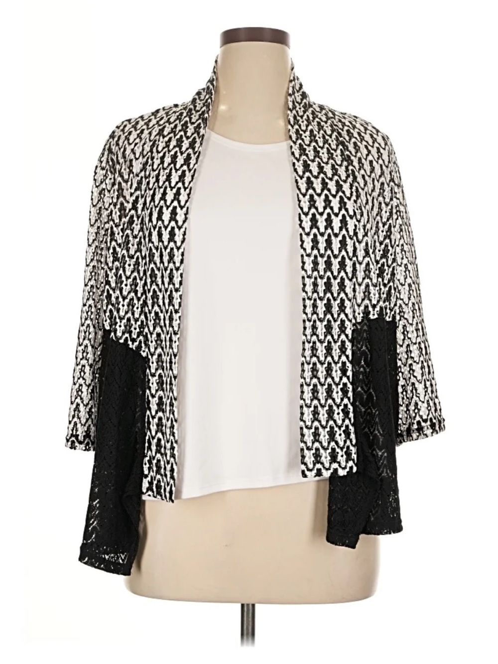 Alfred Dunner - 1X open-front black and white geometric knit cardigan